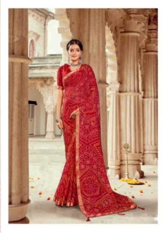 Fancy Bandhani georgette Red Ladies Sarees With Blouse Double Button Blouse