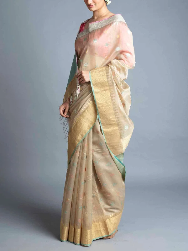 Ganga Jamuna Chanderi Saree With Blouse Piece Khaki Classic White Blouse