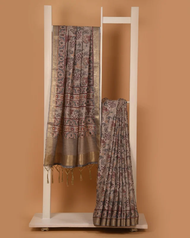 Gray Silk Blend Printed With Woven Saree With Silk Blend Printed Blouse Airy Cotton Blouse Gray Silk Blend Printed With Woven Saree With Silk Blend Printed Blouse Airy Cotton Blouse
