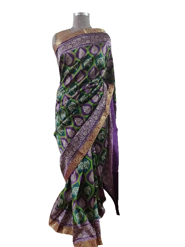 Green Dupion Silk Saree with Blouse Fabric VAS01 Satin Long Blouse