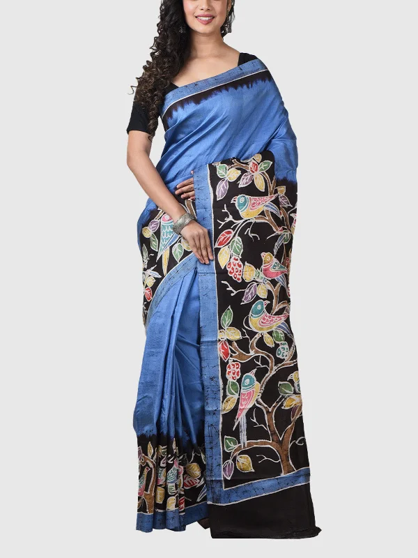 Hand Batik Saree with Blouse Piece Blue And Black Lightweight Floral Blouse
