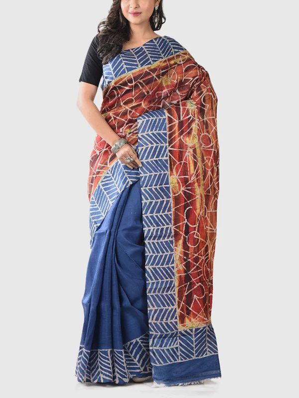 Handwoven Hand Batik Pure Silk Saree with Blouse Piece Blue And Brown Feminine Pastel Blouse