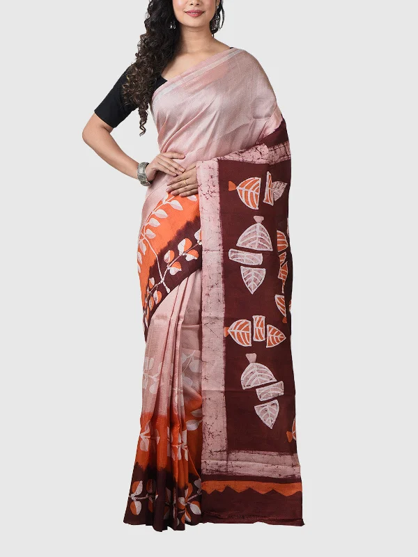 Pure Silk Saree And Blouse Piece Cream And Brown Elegant Peplum Blouse