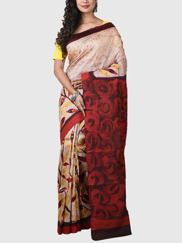 Hand Batik Saree with Blouse Piece  Cream And Rust Loose Oversized Blouse