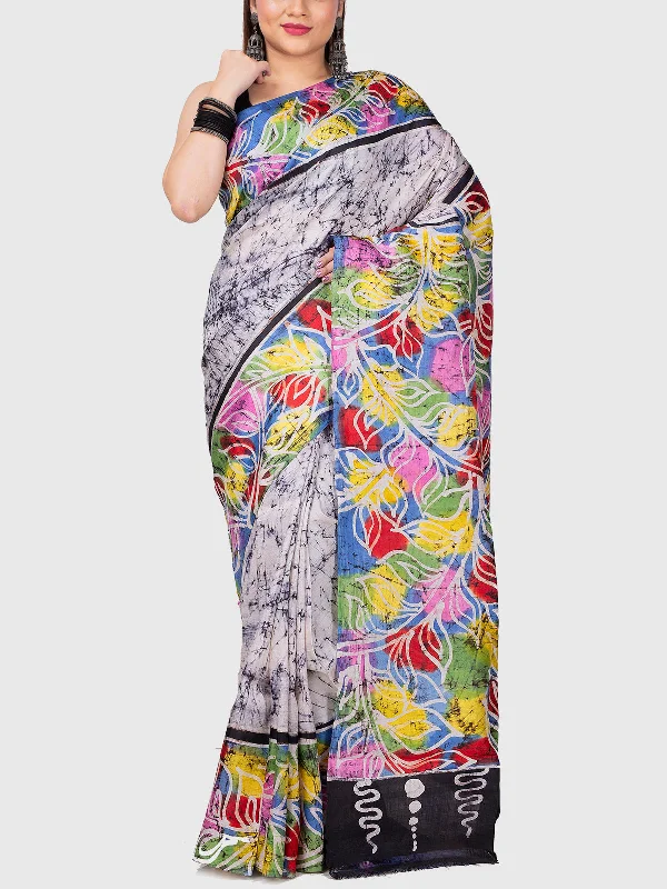 Hand Batik Silk Saree with Blouse Piece Off White And Blue Romantic Lace Blouse