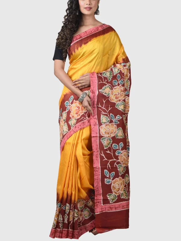 Handwoven Silk Saree with  Blouse Piece Yellow Brown Casual Relaxed Blouse