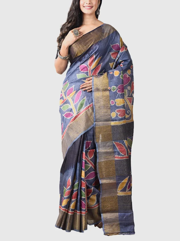 Hand Batik Tussar Silk Saree with  Blouse Piece Blue And Black Silky Draped Blouse