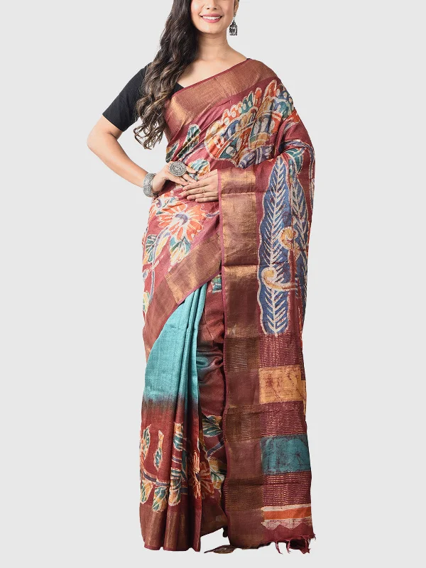 Handwoven Tussar Silk Saree with Blouse Piece Blue Chic Square Blouse
