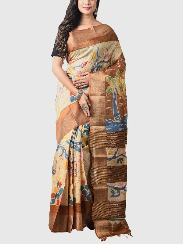 Hand Batik Tussar Silk Saree with Blouse Piece Cream with Brown 1 Double-Layered Blouse Hand Batik Tussar Silk Saree with Blouse Piece Cream with Brown 1 Double-Layered Blouse