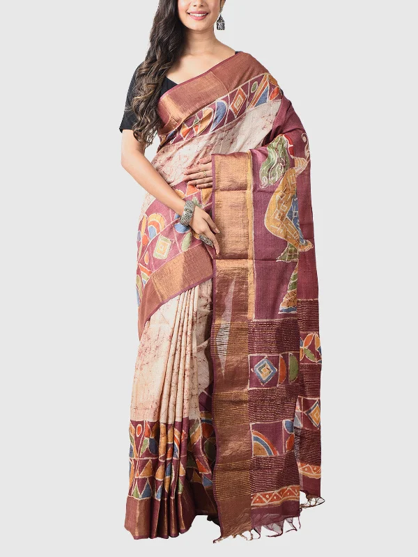 Hand Batik Tussar Silk Saree with Blouse Piece  Purple with Cream Wrap Front Blouse