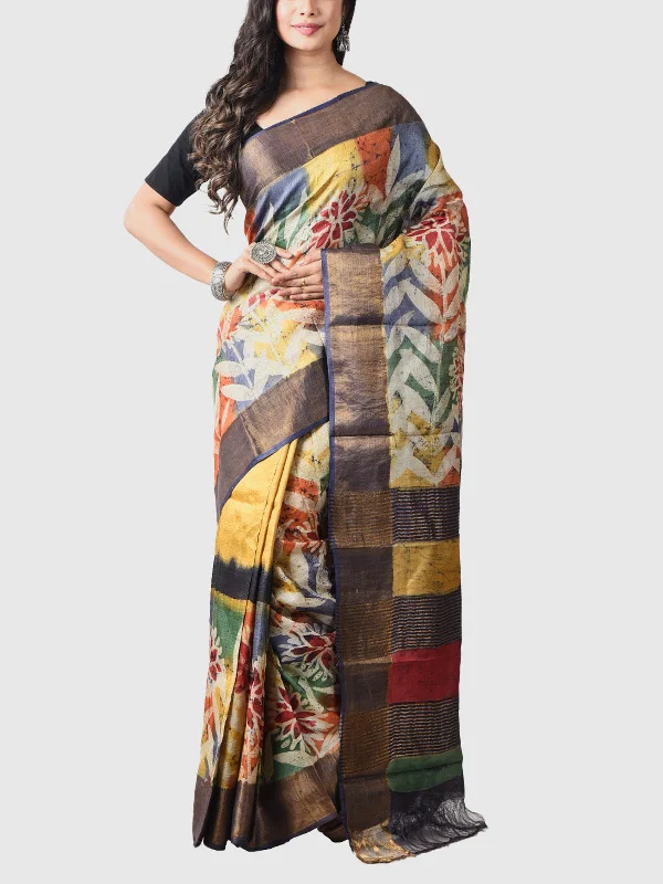 Handwoven Tussar Silk Saree with Blouse Piece Yellow Ruffled Neck Blouse