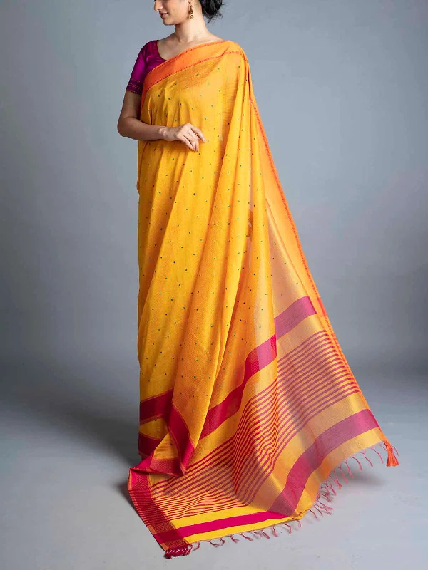 Handwoven Maheshwari Saree Mustard With Blouse Piece Side Tie Blouse