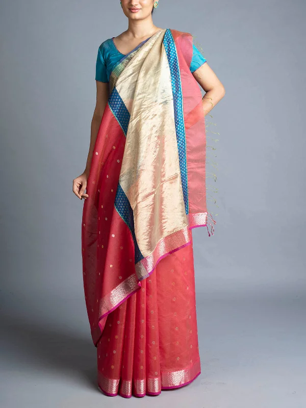 Handwoven Maheshwari Saree Orange With Blouse Piece Classic Minimalist Blouse
