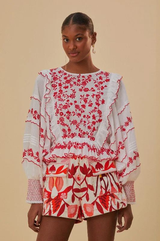 Off White With Red Embroidery Long Sleeve Blouse Soft Satin Blouse