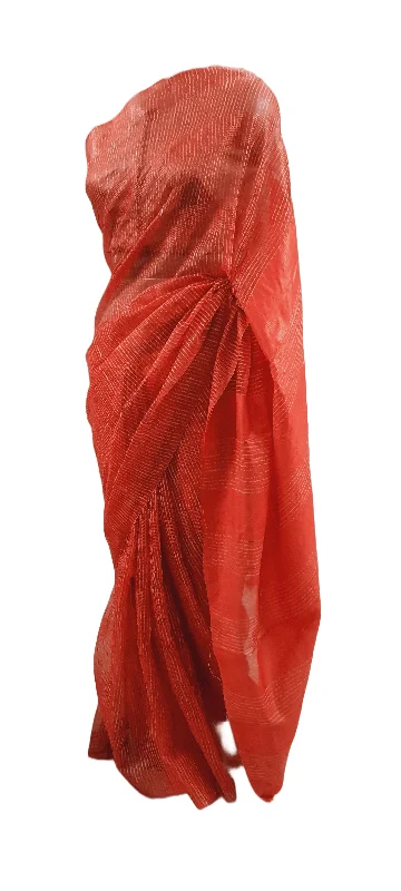 Orange Katan Ghicha Saree with Pure Ikkat Silk Blouse KG09 Off-Shoulder Wrap Blouse