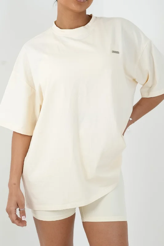 Oversized Short Sleeve T-Shirt Vanilla Denim Fabric Leather Fabric Suede Fabric