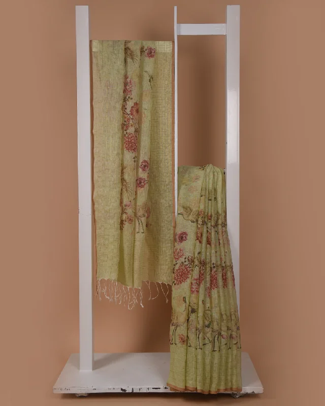 Pastel Green Pure Linen Print With Woven Saree With Linen Blouse Casual Relaxed Blouse Pastel Green Pure Linen Print With Woven Saree With Linen Blouse Casual Relaxed Blouse