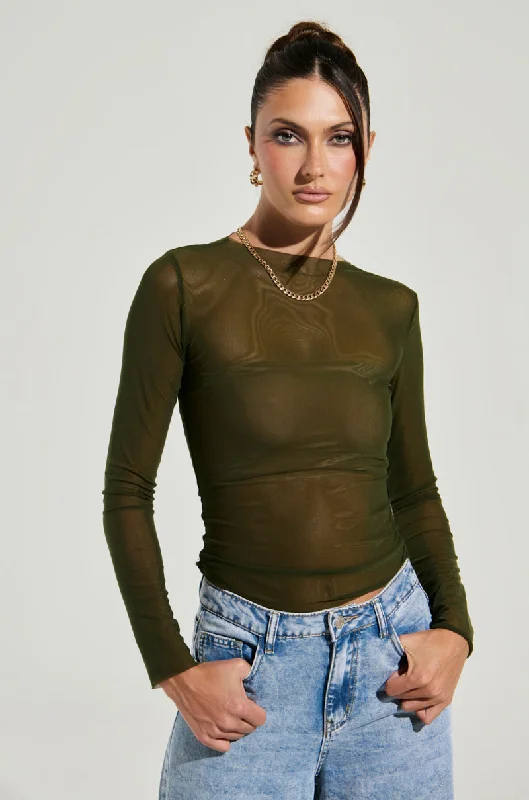 PAXTON RAW HEM LONG SLEEVE MESH TEE IN OLIVE Solid Color Striped Floral