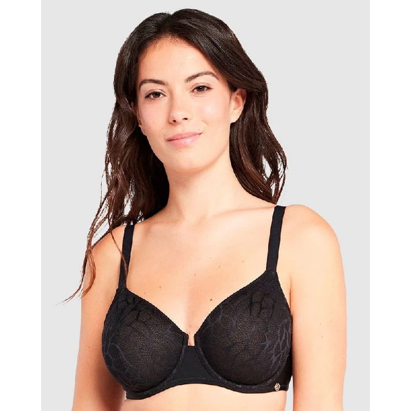 Perfect Curves Smooth Lace Wired T-Shirt Bra-Black Collared Crew Neck Turtle Neck
