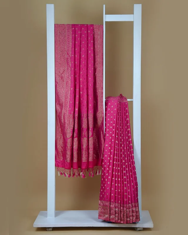 Pink Crepe Blend Woven Saree With Crepe Woven Blouse Peter Pan Collar Blouse