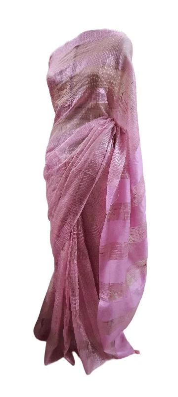 Pink Katan Ghicha Saree with Pure Ikkat Silk Blouse KG10 Collared Satin Blouse