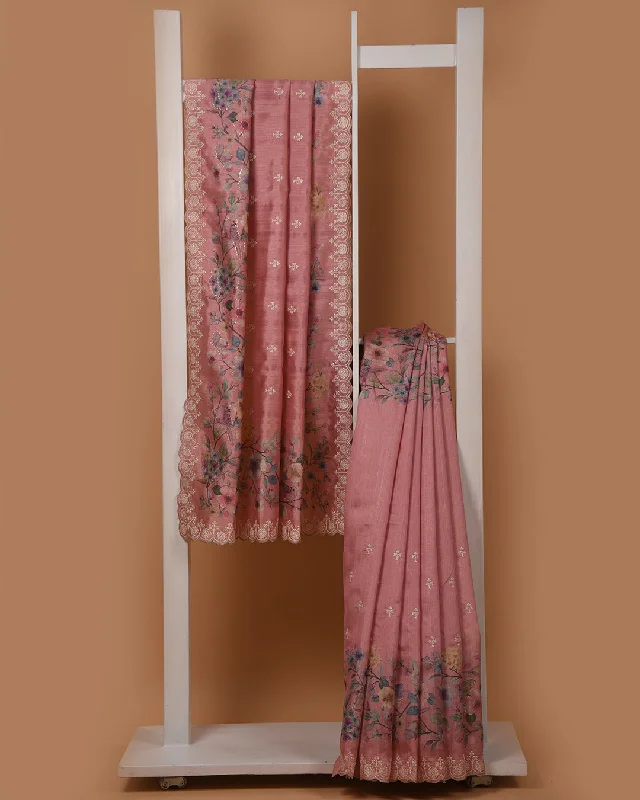 Pink Silk Blend Printed With Embroidery Saree With Silk Blend Printed Blouse Stretchy Fitted Blouse Pink Silk Blend Printed With Embroidery Saree With Silk Blend Printed Blouse Stretchy Fitted Blouse