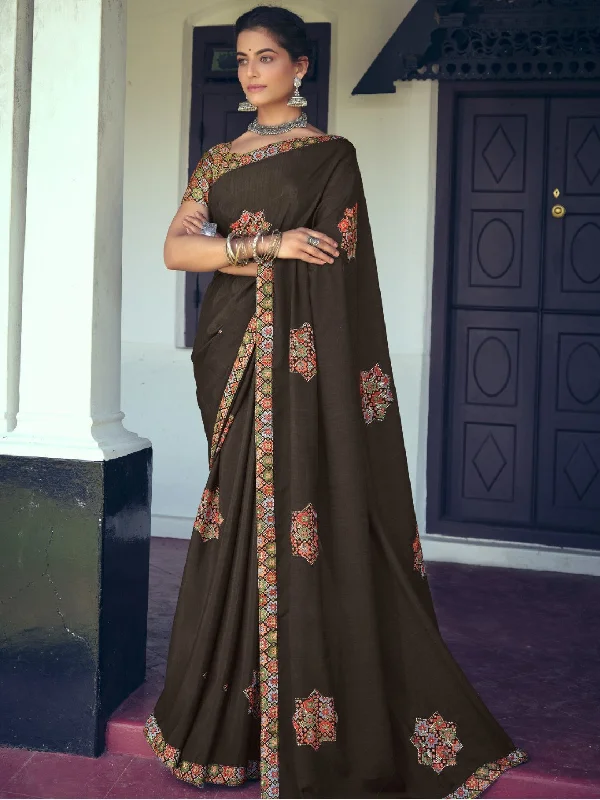 Pure Chiffon Brown Printed Saree with Designer Blouse Vintage Polka Blouse