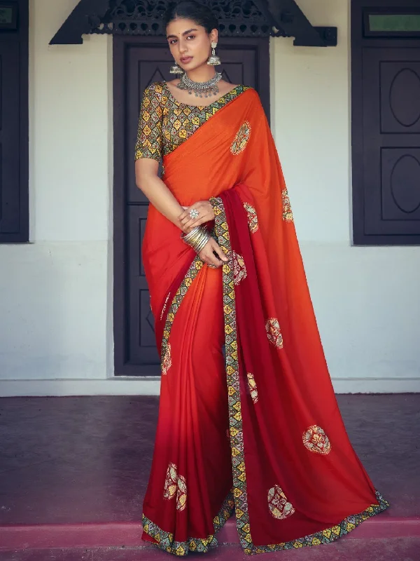 Pure Chiffon Printed Orange Saree with Designer Blouse Classic White Blouse