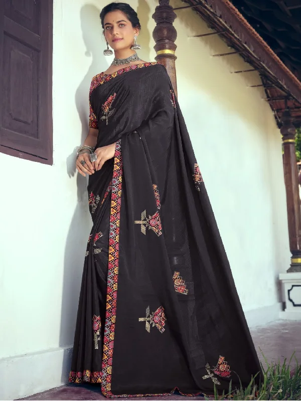 Pure Chiffon Printed Black Saree with Designer Blouse Satin Long Blouse