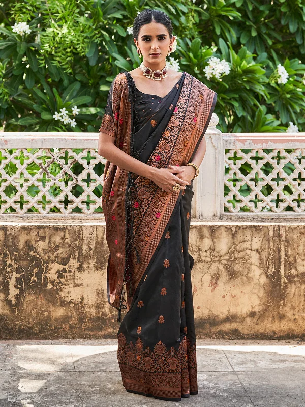 [Ready SG Stock] - Beautiful Black Banarasi Silk Woven Contrast Floral Design Saree with attached Blouse Material - Indian saree Vintage Polka Blouse