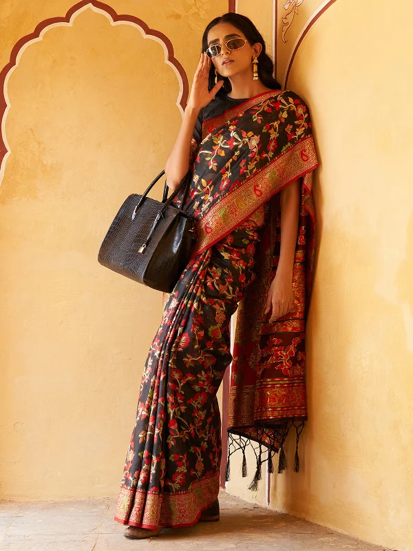 [Ready SG Stock] Black Chanderi Silk Pashmina Saree with attached Blouse Material - Indian saree Embellished Collar Blouse