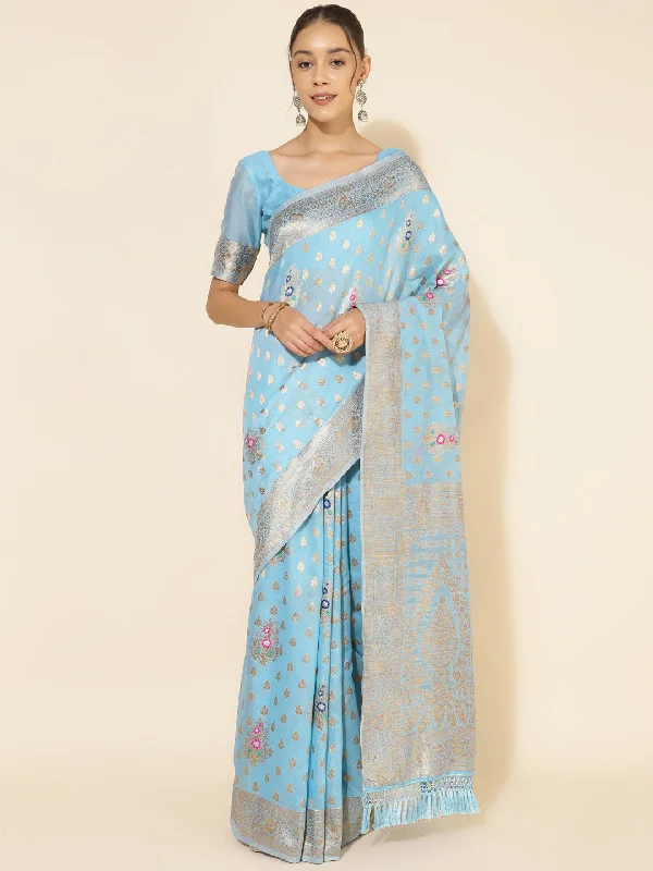 [Ready SG Stock] Blue Chanderi Silk Saree Ethnic Motifs with attached Blouse Material - Indian saree Modern Oversized Blouse