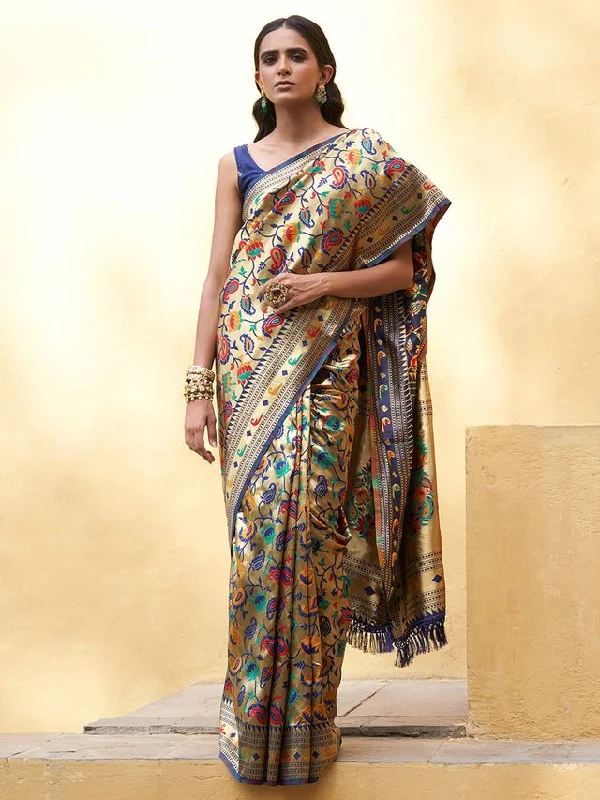 [Ready SG Stock] Blue Paithani Silk Paisley  Woven Ethnic Motifs Saree with attached Blouse Material - Indian saree Embellished Collar Blouse