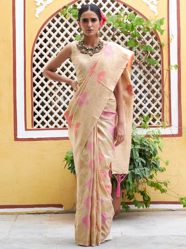 [Ready SG Stock] Cream Chanderi Silk Ethnic Motifs Saree with attached Blouse Material - Indian saree Feminine Pastel Blouse