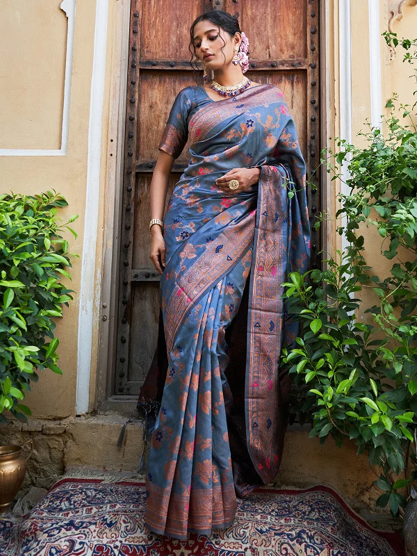 [Ready SG Stock] Gray Banarasi Silk Floral Saree with attached Blouse Material - Indian saree Soft Knit Blouse
