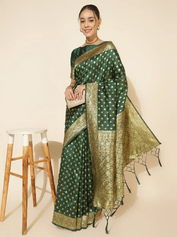 [Ready SG Stock] Green Banarasi Silk Ethnic Motifs Saree with attached Blouse Material - Indian saree Classic Minimalist Blouse