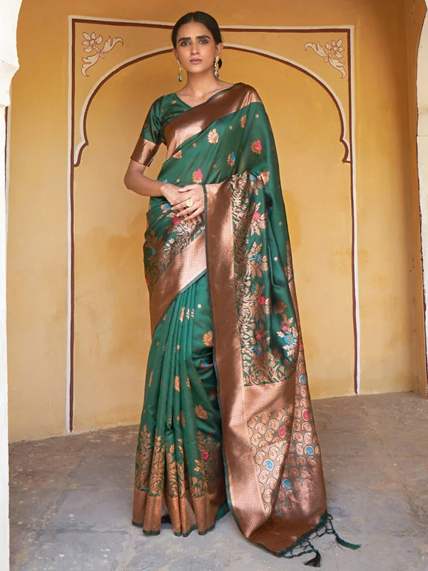 [Ready SG Stock] Green Banarasi Silk Woven Dual Tone Floral Design Saree with attached Blouse Material - Indian saree Feminine Puff Blouse