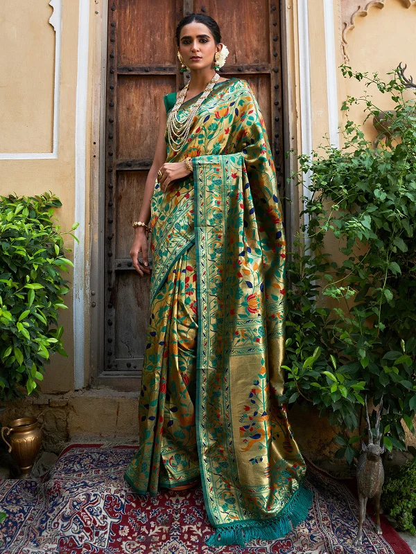 [Ready SG Stock] Green Paithani Silk Woven Ethnic Motifs Saree with attached Blouse Material - Indian Saree High Neck Blouse