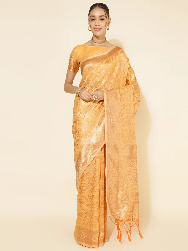 [Ready SG Stock] Light Yellow Chanderi Silk Woven Ethnic Motifs Saree with attached Blouse Material - Indian saree Side Tie Blouse