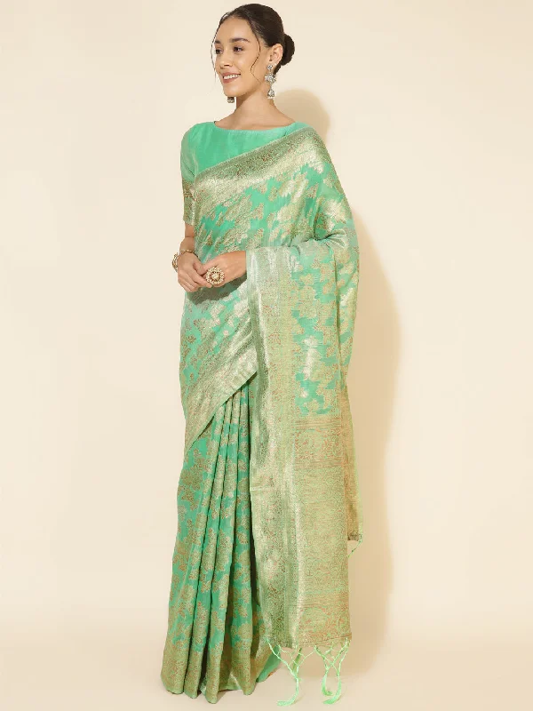 [Ready SG Stock] Sea Green Chanderi Silk Floral Saree with attached Blouse Material - Indian saree Silky Draped Blouse
