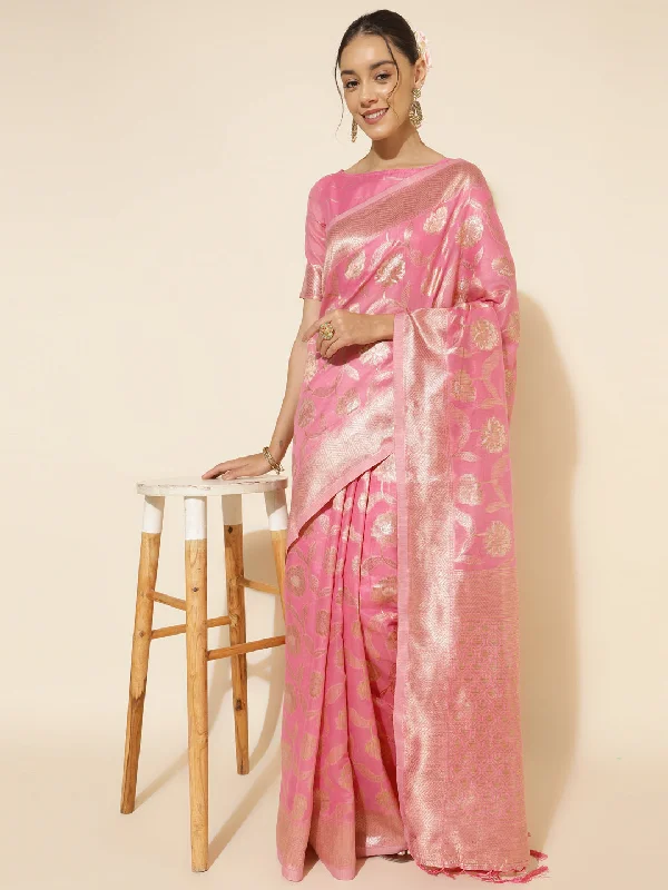 [Ready SG Stock] Pink Chanderi Silk Floral Saree with attached Blouse Material - Indian saree Chic Square Blouse