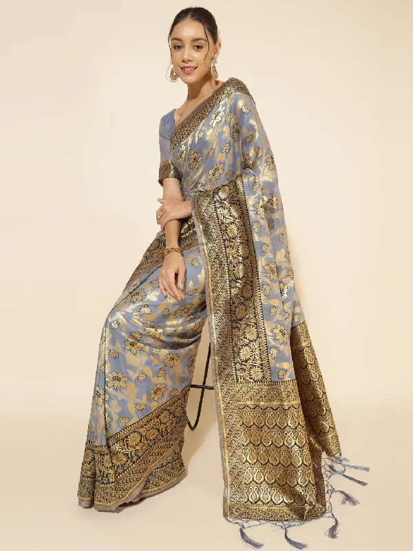[Ready SG Stock] Grey Chanderi Silk Floral Saree with attached Blouse Material - Indian saree Chic Sleeveless Blouse