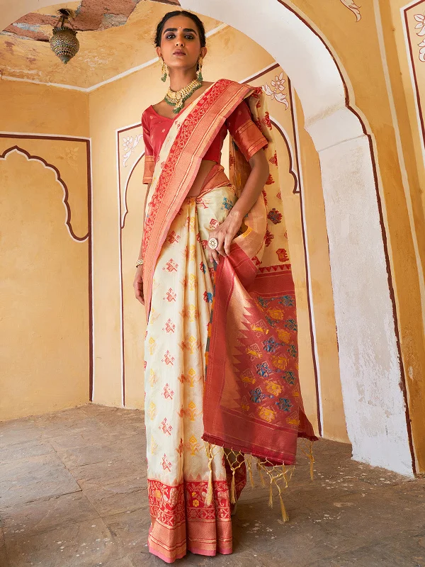[Ready SG Stock] Ivory Cotton Silk Woven Ethnic Motifs Saree with attached Blouse Material - Indian saree Double Button Blouse