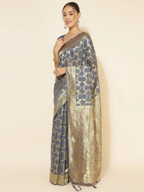 [Ready SG Stock] Light Grey Chanderi Silk Unique Woven Geometric Motifs Saree with attached Blouse Material - Indian saree Satin Bow Blouse
