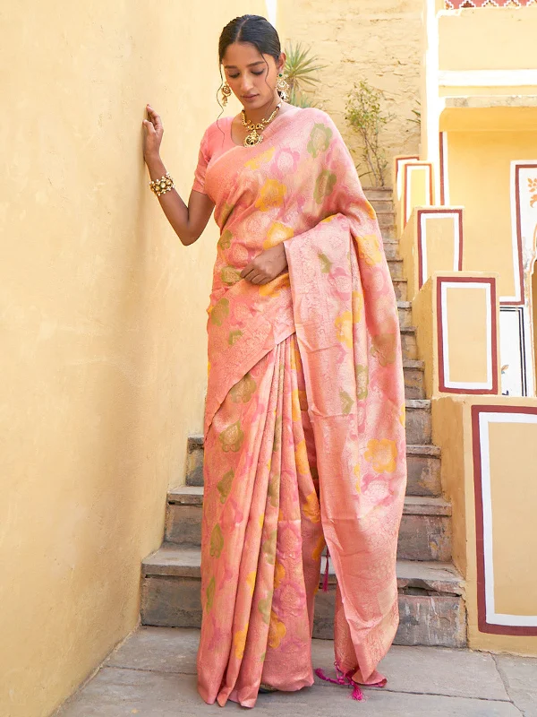 [Ready SG Stock] Light Pink Chanderi Silk Floral Saree with attached Blouse Material - Indian saree Everyday Stylish Blouse