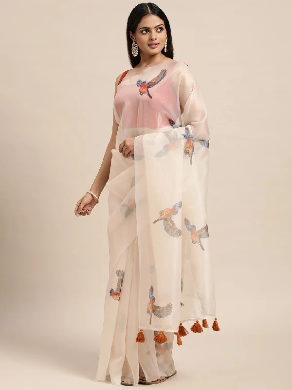 [Ready SG Stock] Linen Blend Beautiful Bird Printed Saree with attached Blouse Material - Indian saree Casual Relaxed Fit Blouse