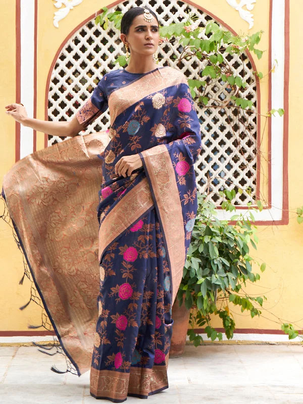 [Ready SG Stock] Navy Blue Banarasi Silk Floral Saree with attached Blouse Material - Indian saree Classic White Blouse