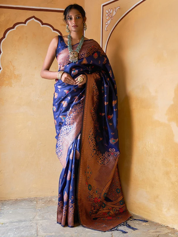 [Ready SG Stock] Navy Blue Banarasi Silk Paisley Saree with attached Blouse Material - Indian saree Semi-Sheer Blouse