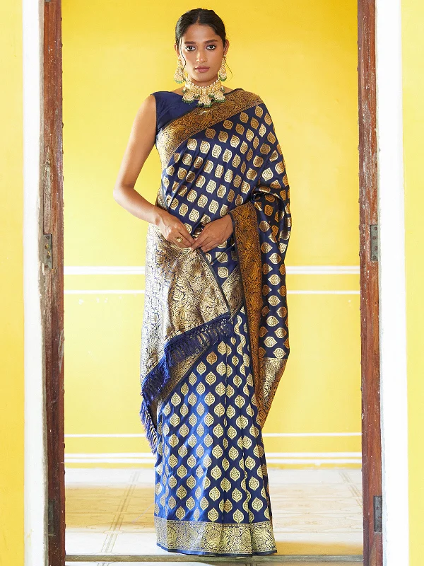 [Ready SG Stock] Navy Blue Banarasi Silk Woven Ethnic Motif Saree with attached Blouse Material - Indian saree Loose Oversized Blouse