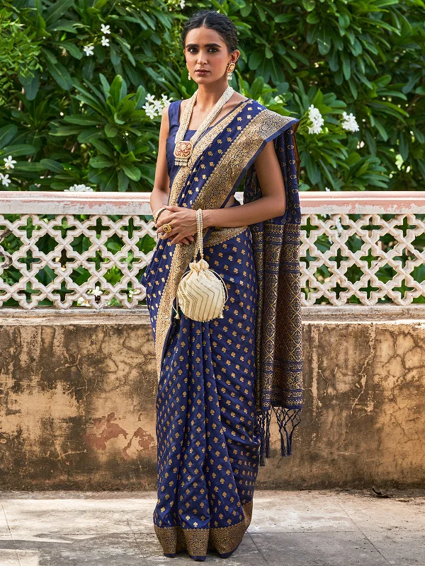 [Ready SG Stock] Navy Blue Banarasi Silk Woven Ethnic Motifs Saree with attached Blouse Material - Indian saree Elegant Semi-Sheer Blouse